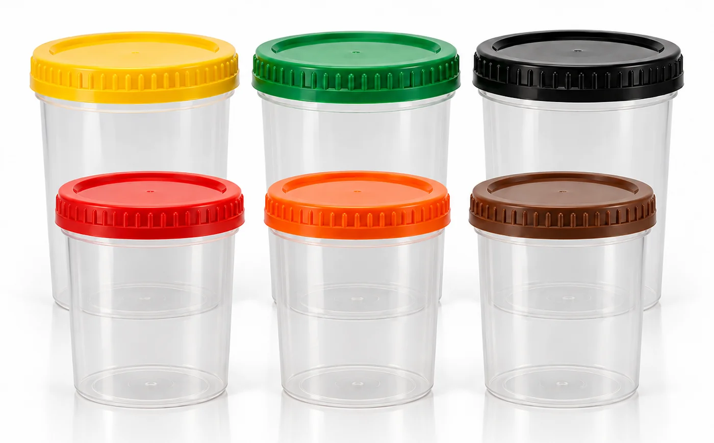 Potes com tampas rosqueáveis de diversas cores
